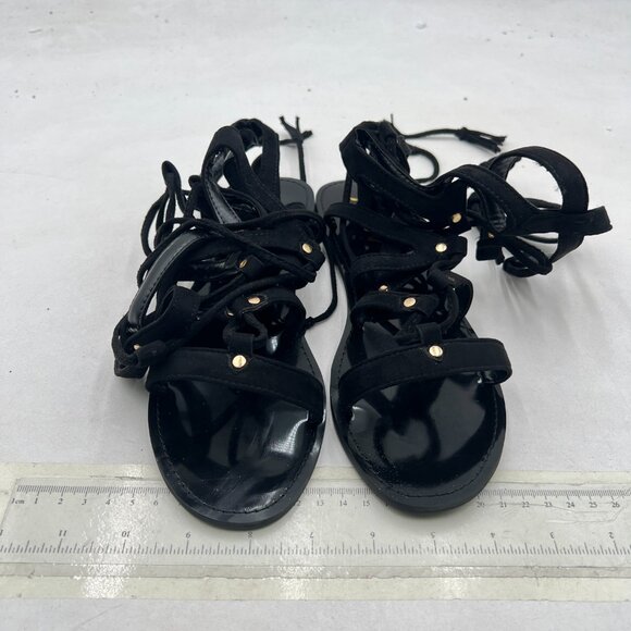 YDN Black Rivet Knee High Lace up Flats Fringe Low Heel Gladiator Strap Sandals - Picture 3 of 8